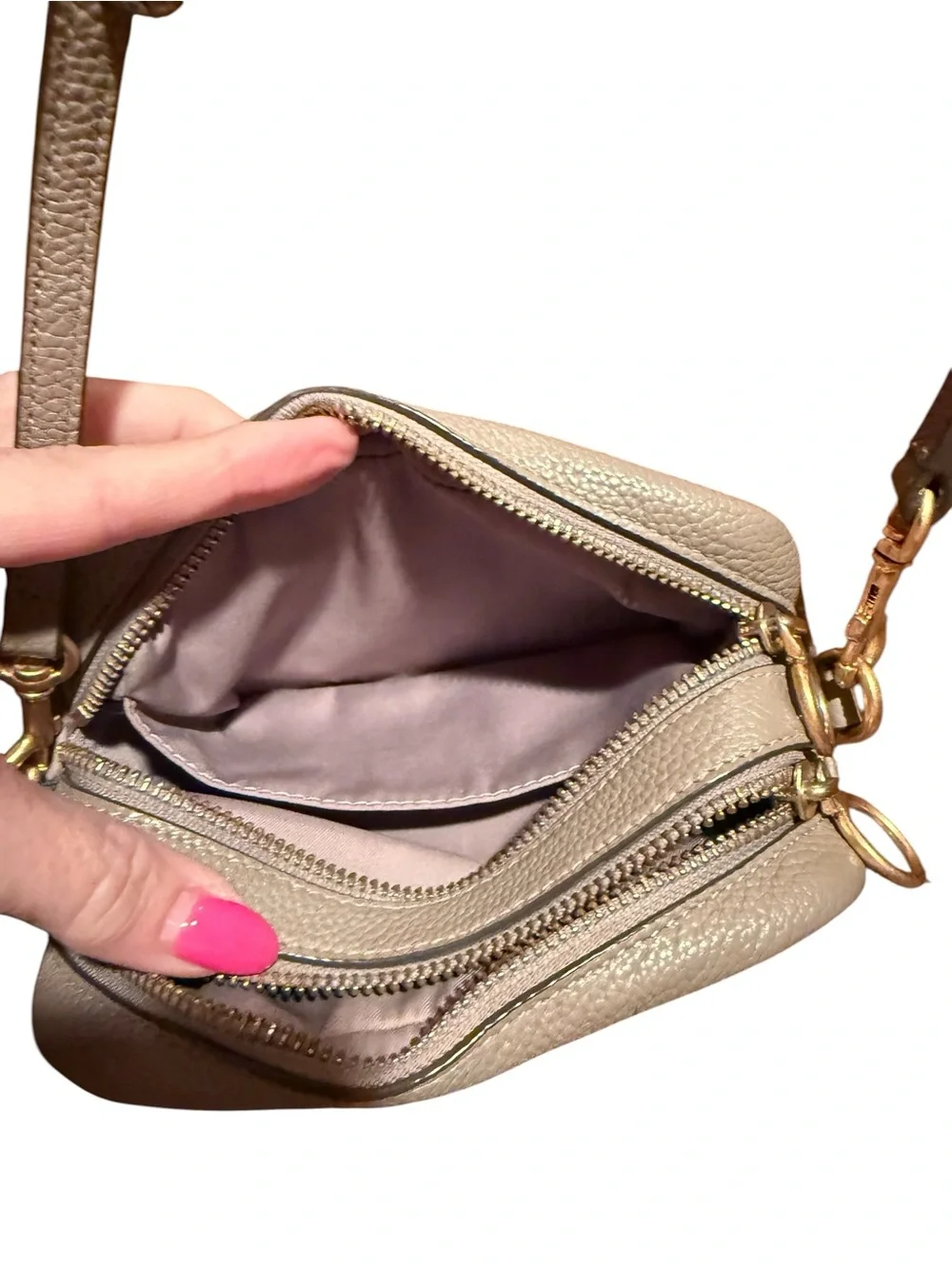 Tory Burch Kira Pebbled Leather Crossbody Bag in Taupe